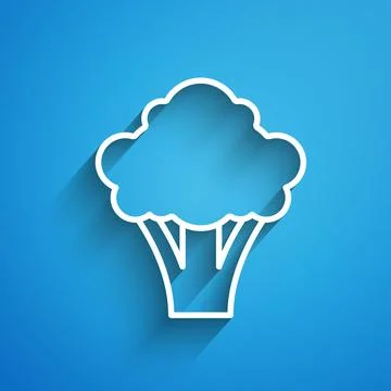 White line Broccoli icon isolated on blue background. Long shadow. Vector Stock Illustration