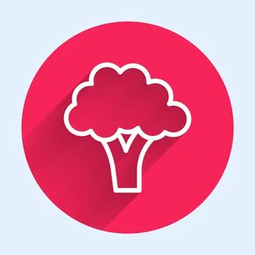 White line Broccoli icon isolated with long shadow background. Red circle button Stock Illustration