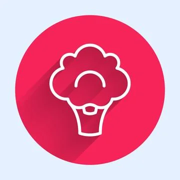 White line Broccoli icon isolated with long shadow background. Red circle b.. Stock Illustration
