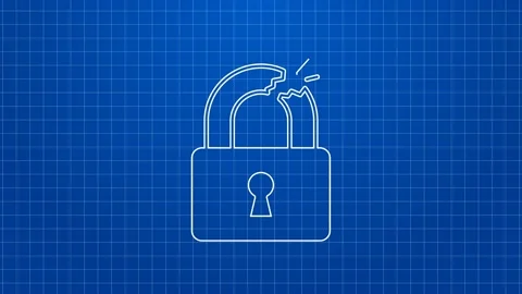 White line Broken or cracked lock icon isolated on blue background. Unlock sign Stock Footage 169321193