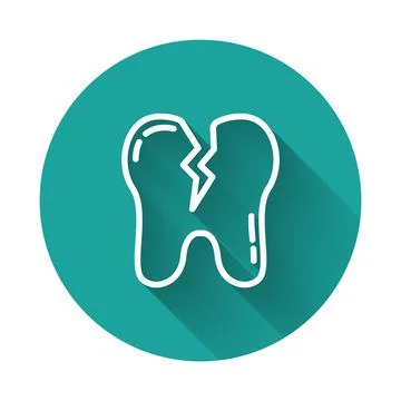 White line Broken tooth icon isolated with long shadow. Dental problem icon Stockillustratie