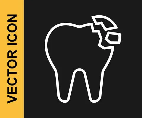 White line Broken tooth icon isolated on black background. Dental problem icon Stockillustratie