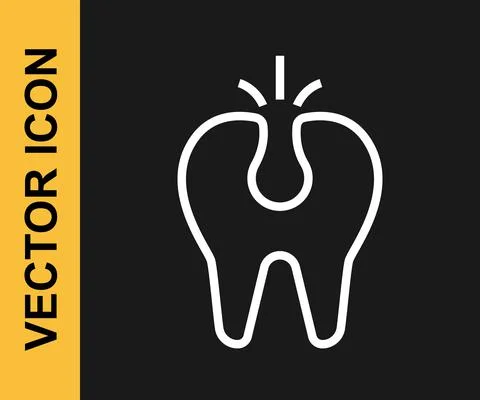 White line Broken tooth icon isolated on black background. Dental problem icon Stock Illustration