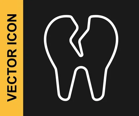 White line Broken tooth icon isolated on black background. Dental problem icon Stockillustratie