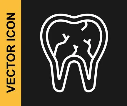 White line Broken tooth icon isolated on black background. Dental problem ico イラスト素材