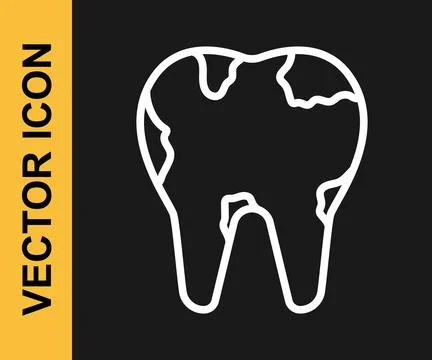 White line Broken tooth icon isolated on black background. Dental problem icon Stock Illustration