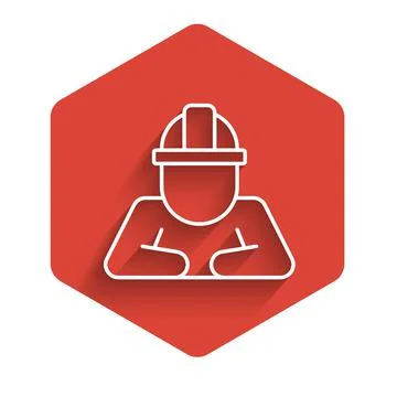 White line Builder icon isolated with long shadow. Construction worker. Red Stock Illustration