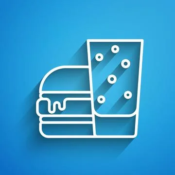 White line Burger icon isolated on blue background. Hamburger icon. Cheeseb.. Stockillustratie