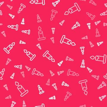 White line Burning candle in candlestick icon isolated seamless pattern on red Stock Illustration