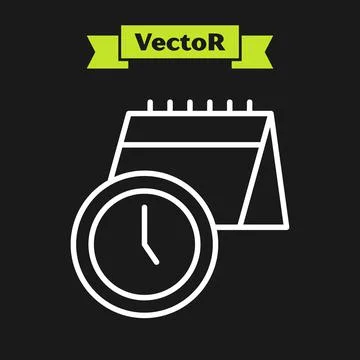White line Calendar and clock icon isolated on black background. Schedule 스톡 일러스트