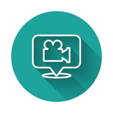 White line Camera and location pin icon isolated with long shadow. Green circ Stock Illustration