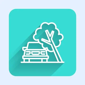 White line Car damaged by fallen tree icon isolated with long shadow background Stock Illustration