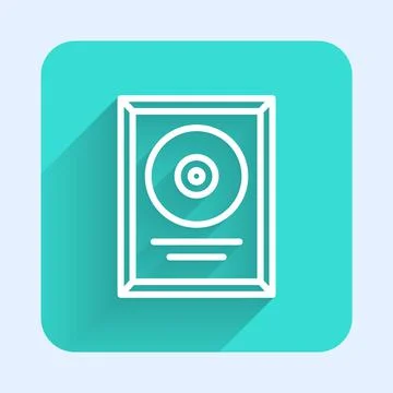 White line CD disk award in frame icon isolated with long shadow background Stock Illustration