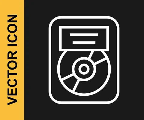 White line CD disk award in frame icon isolated on black background. Modern Stock Illustration