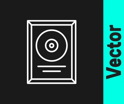 White line CD disk award in frame icon isolated on black background. Modern.. Stock Illustration