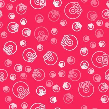 White line CD or DVD disk icon isolated seamless pattern on red background Illustrazione stock