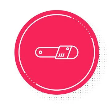 White line Chainsaw icon isolated on white background. Red circle button. Vector Stock Illustration