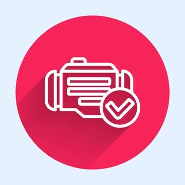 White line Check engine icon isolated with long shadow background. Red circ.. Stock Illustration