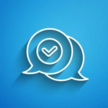 White line Check mark in speech bubble icon isolated on blue background Illustrazione stock
