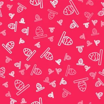 White line Chinese tea egg icon isolated seamless pattern on red background Stock Illustration