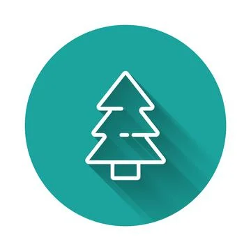 White line Christmas tree icon isolated with long shadow. Merry Christmas and Stock Illustration