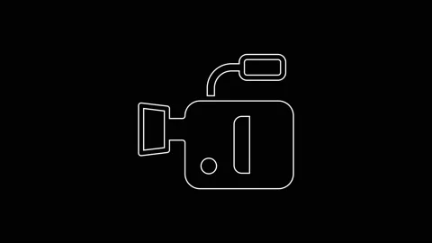 White line Cinema camera icon isolated on black background. Video camera. Movie Stock Footage 225647838