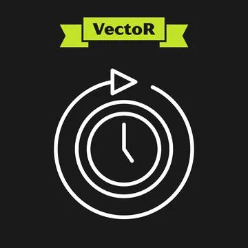 White line Clock with arrow icon isolated on black background. Time symbol. C Stock Illustration