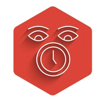 White line Clock icon isolated with long shadow. Time symbol. Red hexagon button Stock Illustration