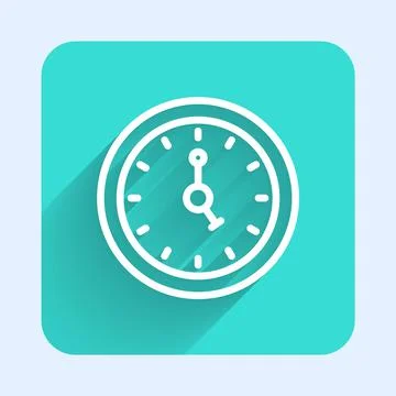 White line Clock icon isolated with long shadow. Time symbol. Green square 스톡 일러스트