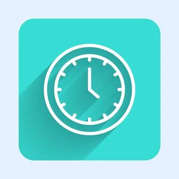 White line Clock icon isolated with long shadow background. Time symbol. Green Stock Illustration