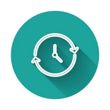 White line Clock icon isolated with long shadow. Time symbol. Green circle Stock Illustration