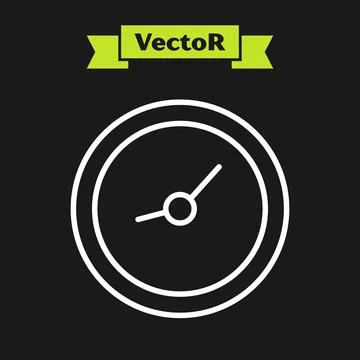 White line Clock icon isolated on black background. Time symbol. Vector Illustrazione stock