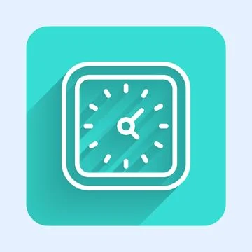 White line Clock icon isolated with long shadow. Time symbol. Green square Stock Illustration