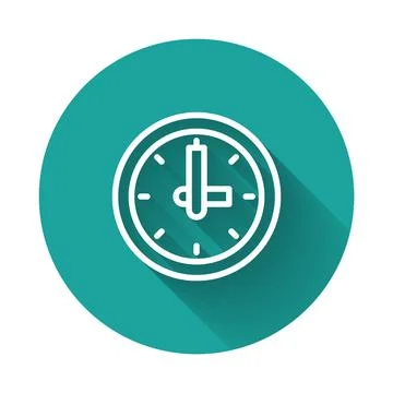 White line Clock icon isolated with long shadow background. Time symbol. Green Stock Illustration