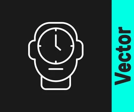 White line Clock icon isolated on black background. Time symbol. Vector Stock Illustration