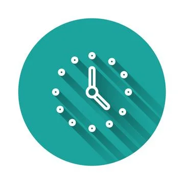 White line Clock icon isolated with long shadow. Time symbol. Green circle bu Illustrazione stock