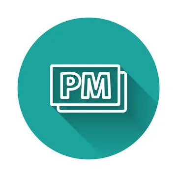 White line Clock PM icon isolated with long shadow. Time symbol. Green circle Illustrazione stock