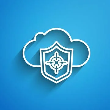 White line Cloud and shield icon isolated on blue background. Cloud storage data Illustrazione stock