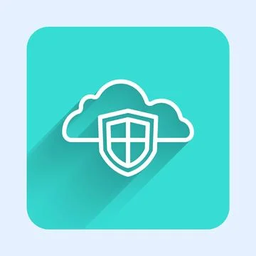 White line Cloud and shield icon isolated with long shadow background. Clou.. Stock Illustration