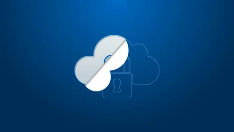 White line Cloud computing lock icon isolated on blue background. Security Stock Footage 144299209