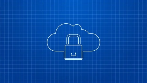 White line Cloud computing lock icon isolated on blue background. Security Video stock 169324412
