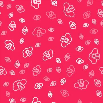 White line Cloud computing lock icon isolated seamless pattern on red background Stock Illustration