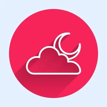 White line Cloud with moon icon isolated with long shadow. Cloudy night sign. Stock Illustration