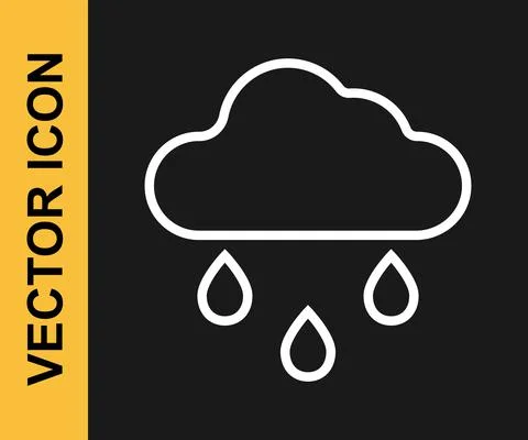 White line Cloud with rain icon isolated on black background. Rain cloud 스톡 일러스트