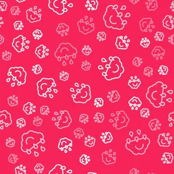 White line Cloud with rain icon isolated seamless pattern on red background Stock Illustration