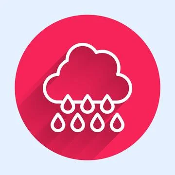 White line Cloud with rain icon isolated with long shadow. Rain cloud Stock Illustration