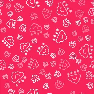 White line Cloud with snow icon isolated seamless pattern on red background Stock Illustration