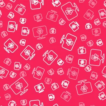 White line Clover trefoil leaf icon isolated seamless pattern on red background Stock Illustration