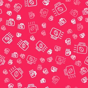 White line Coffee cup icon isolated seamless pattern on red background. Tea cup Illustrazione stock