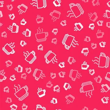 White line Coffee cup icon isolated seamless pattern on red background. Tea cup 스톡 일러스트